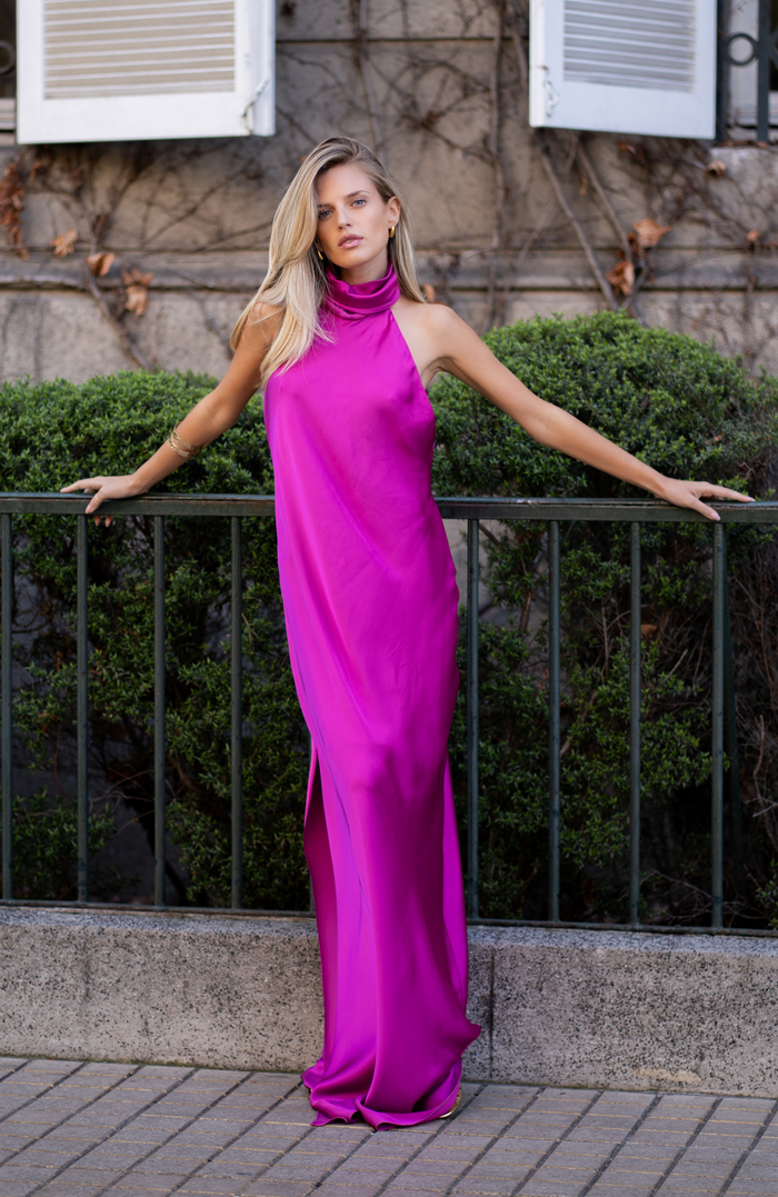 PRE ORDER: VESTIDO MAXI BRUNA SEDA FUCSIA